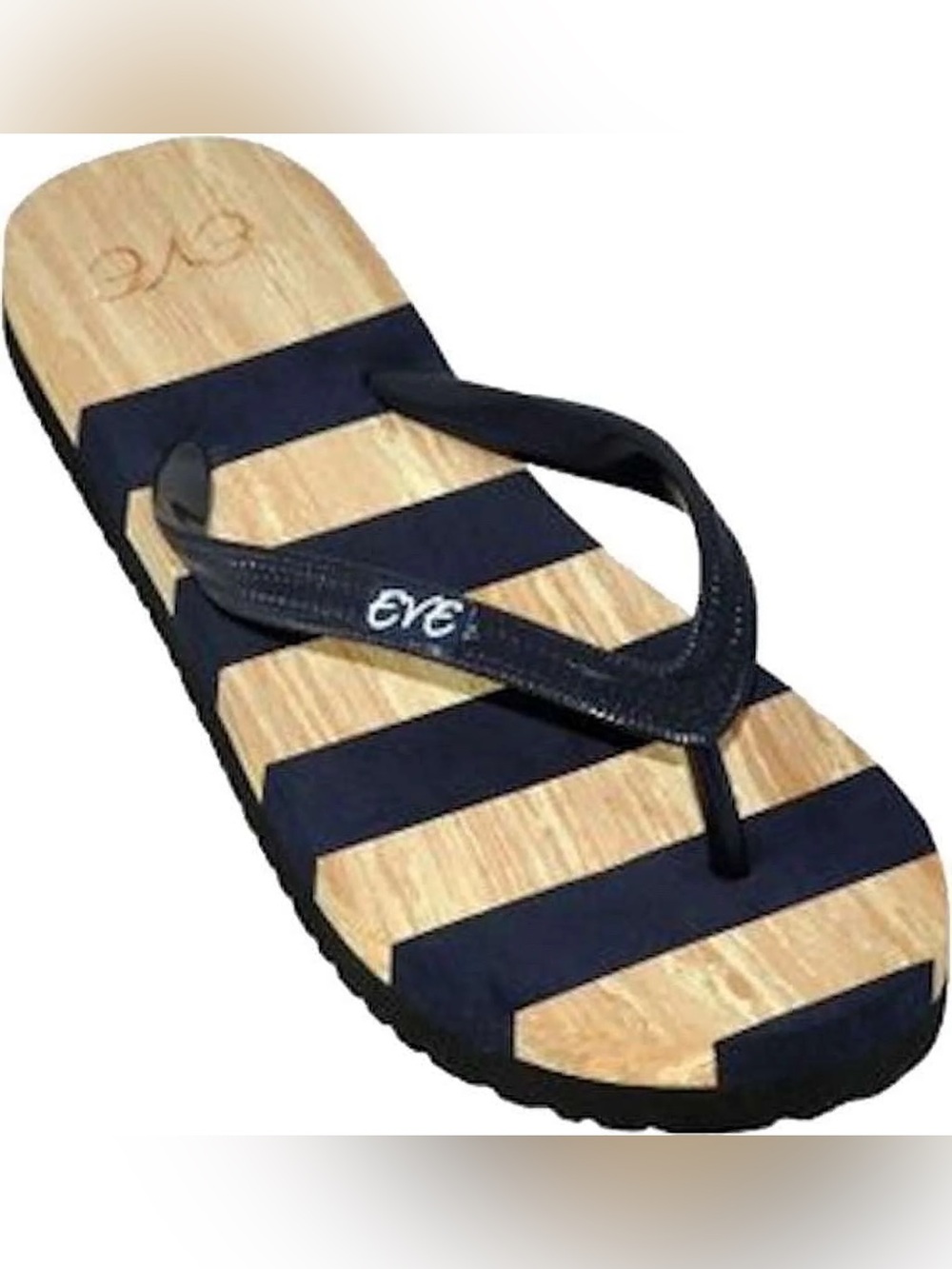 NWOT Eve women's flip-flop sandals navy blue and tan wood-grain striped Size 7/8